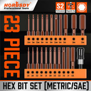 23 piece professional hex bit set with metric and SAE sizes in a storage organizer.