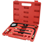 Professional pressure gauge and hose kit in a red protective carrying case