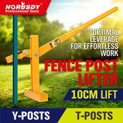 Yellow Horusdy fence post lifter tool for lifting Y-posts and T-posts in a grassy field.