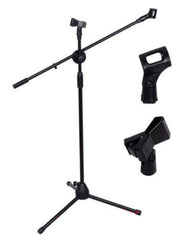 Adjustable black microphone stand tripod with detachable boom arm and holder.
