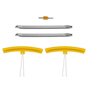 Set of silver metal tools and yellow plastic clips with white string ties.