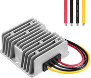 Silver aluminum finned solar charge controller with red, black, and yellow electrical wires.