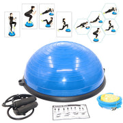 Blue balance trainer BOSU ball with resistance bands and exercise guide for home workouts