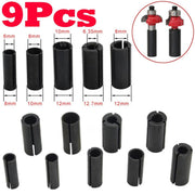 9-piece router collet reducer set with various size specifications for power tools
