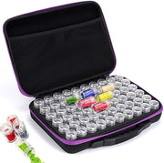 Organized storage case filled with various colorful glitter and craft powder jars.