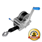 Heavy-duty manual ratchet strap tie-down winch with hook and 12-month warranty seal