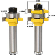 Two yellow carbide tipped router bits with technical dimensions and measurements.