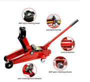 Red hydraulic floor jack with detailed callouts for rotating base, handle, and wheels.