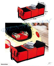 Red foldable car boot organizer with storage compartments and dimensions.