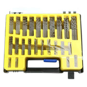 Set of various metal drill bits organized in a yellow plastic storage case