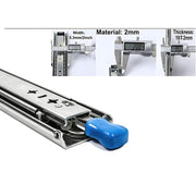 Metal drawer slide hardware showing width, 2mm material thickness, and 19mm depth measurements.