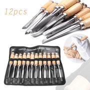 12-piece wood carving chisel set with wooden handles and black carrying case