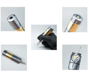Professional tattoo machine with gold and silver metallic finish held by a gloved hand.