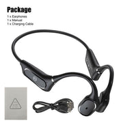 Black wireless bone conduction earphones with charging cable and manual package set.
