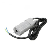 Grey cylindrical electrical component with black cable and exposed colored wires