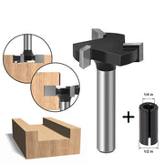 T-shaped wood router bit with 1/2 inch diameter and 1/4 inch shank adapter for grooving.