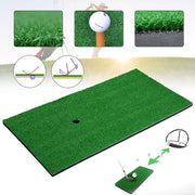 Portable artificial grass golf putting mat with hole and practice accessories.