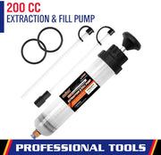 200 CC extraction and fill pump with suction tubes and seals for automotive fluid maintenance