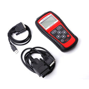 Red and black MaxiScan OBD2 diagnostic scanner tool with two connection cables