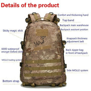 Tactical camouflage backpack with MOLLE system and waterproof 600D Oxford cloth details.