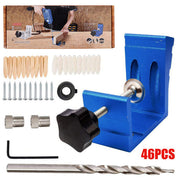 46-piece wooden dowel jig kit with blue aluminum clamp, drill bit, and wooden dowels