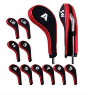 Set of black and red golf club headcovers with white lettering and numbers.