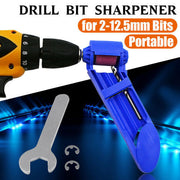Portable blue drill bit sharpener tool for 2-12.5mm bits with wrench and accessories.