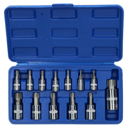 Assorted silver screwdriver bit set in a blue plastic storage case.