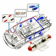 Car audio wiring kit with fuse holder, connectors, and installation diagram.
