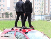Two men standing on a black roof rack installed on a red car