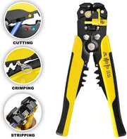 Yellow and black wire crimping tool showing cutting, crimping, and stripping functions.
