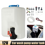 12V car windshield washer fluid tank with pump, tubing, and installation kit
