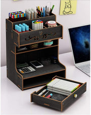 Wooden Pen Brushes Organiser Desktop Stationary Drawer
