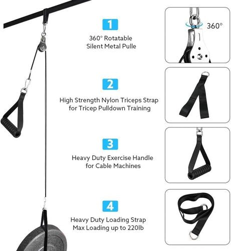 Gym Pulley System - DIY Exercise Set Up with Silent Pully, Tricep Rope,  Straight Bar, 70 & 90 Cables, Loading Pin, 3 Hoist Buckles & Hanging  Strap - Home Workout Equipment for
