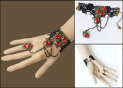 Vintage Black Gothic Steampunk Red Ruby Gemstone Lace Crochet Bracelet