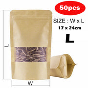 50pcs Kraft Paper Bags Resealable Zip Lock Food Storage Pouches L